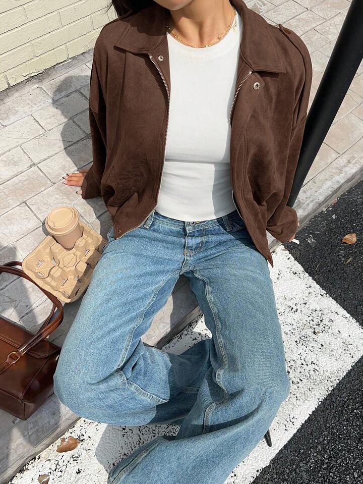 Bomberjacke Damen in Wildlederoptik mit Stehkragen LARA in Braun – Streetstyle