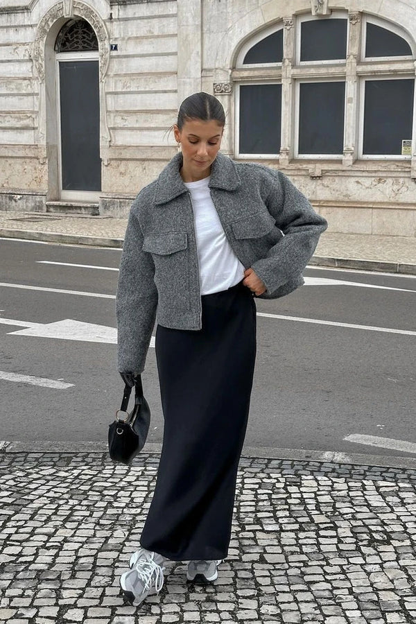 Kurzjacke Damen mit Reißverschluss und Pattentaschen in Grau SOPHIE – Streetstyle