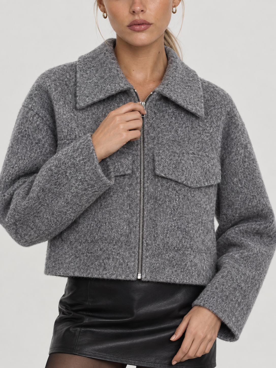 Kurzjacke Damen mit Reißverschluss und Pattentaschen in Grau SOPHIE