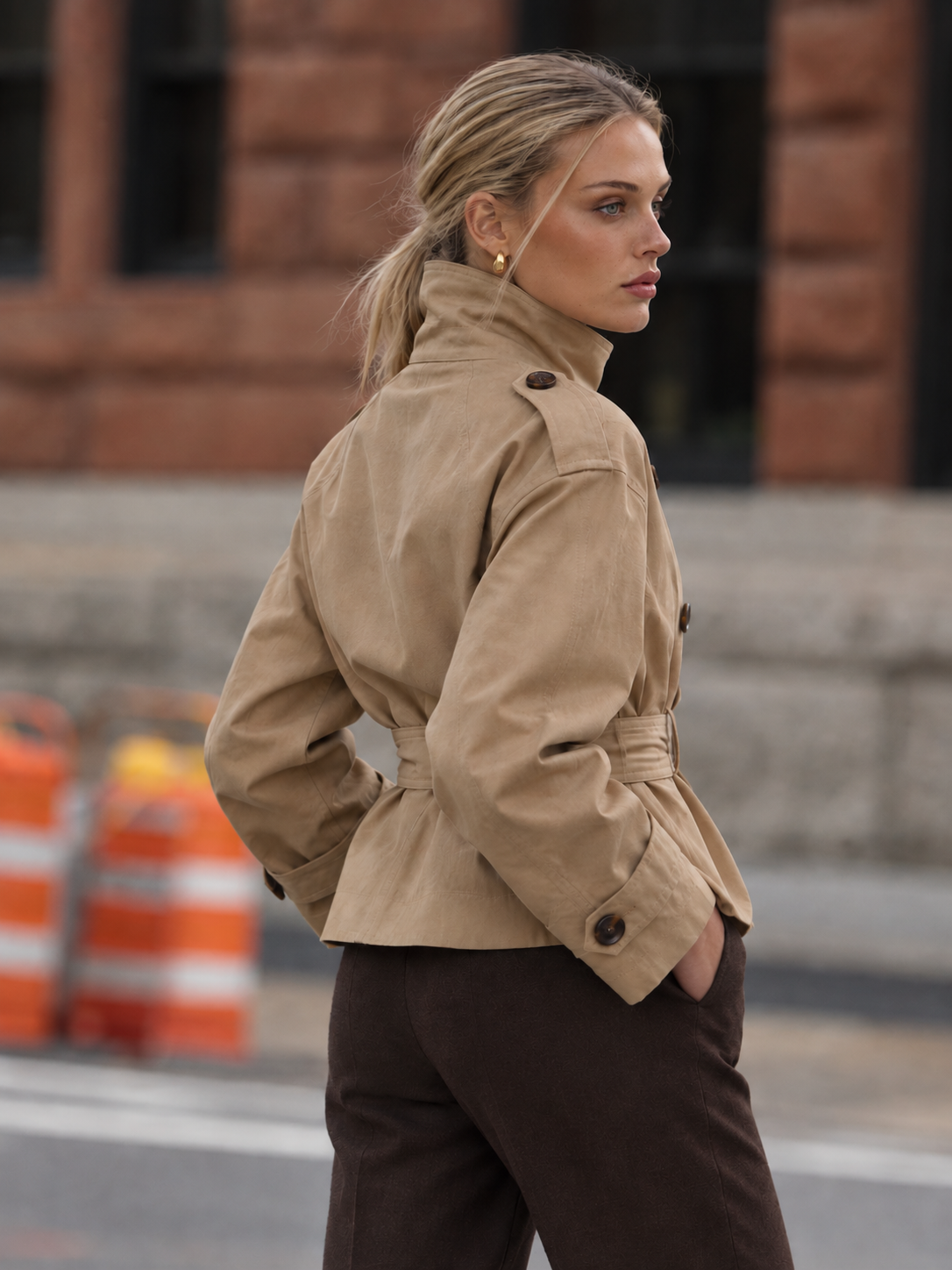 Trenchcoat Damen kurz mit Gürtel und Stehkragen CATH in Khaki – Streetstyle