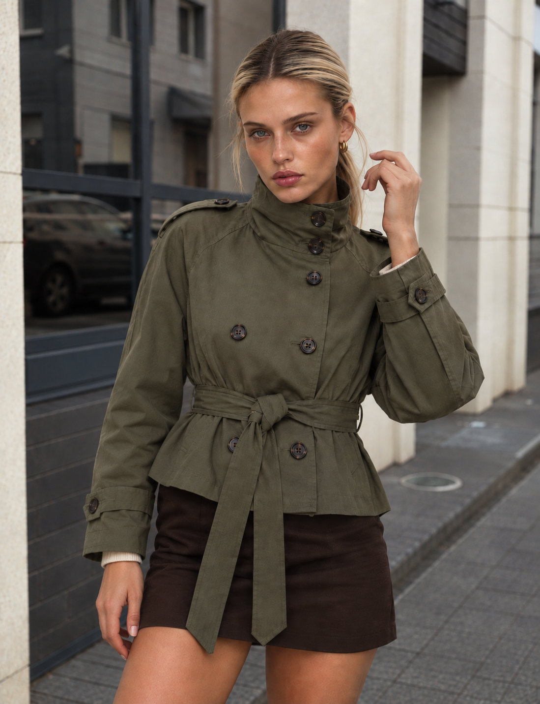 Trenchcoat Damen kurz mit Gürtel und Stehkragen CATH in Armygrün – Streetstyle