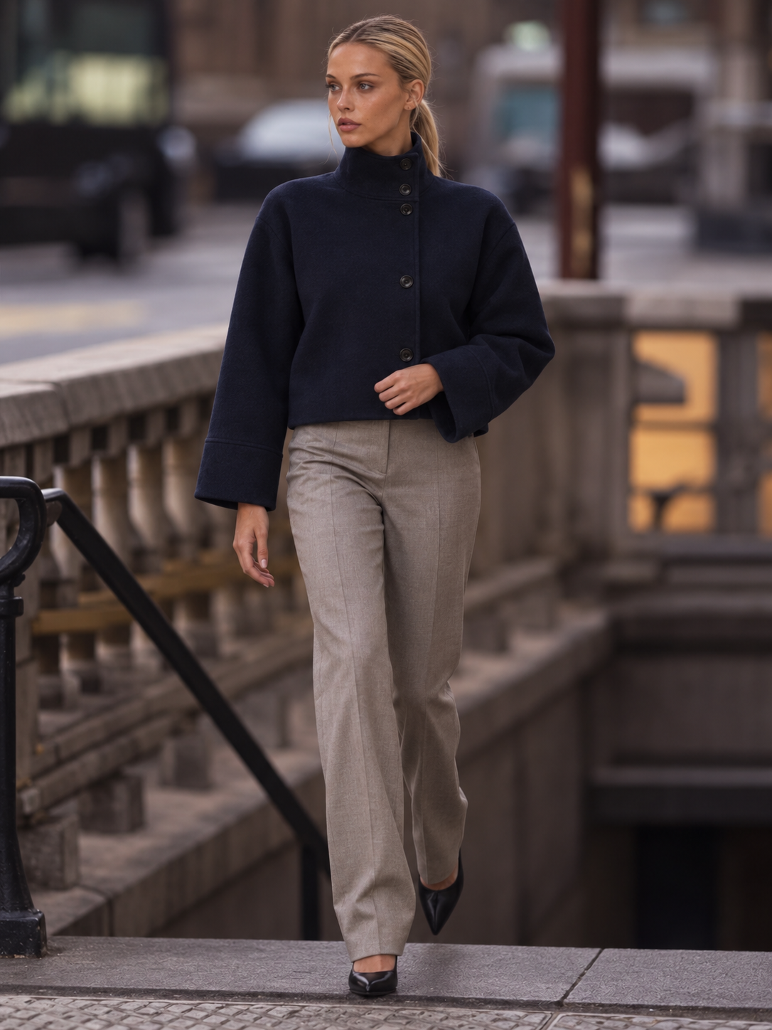 Kurzmantel Damen mit Stehkragen und Knopfleiste MARTHA in Marineblau – Streetstyle