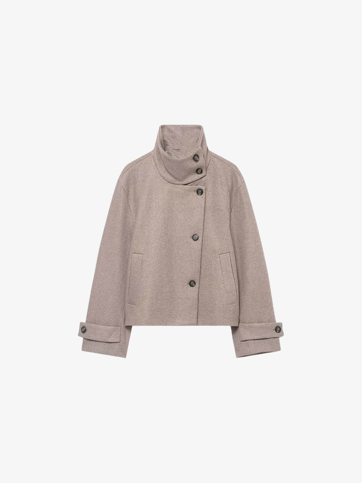 Graue Kurzjacke ohne Model, Vorderansicht mit geschlossener Knopfleiste