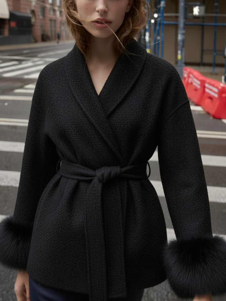 Mantel Damen mit Bindegürtel und Kunstfell-Manschetten CELINE in Schwarz – Streetstyle