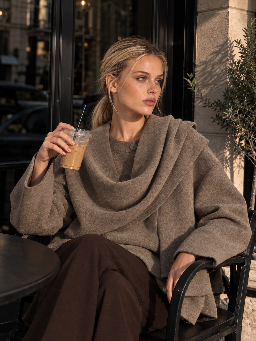 Cape Mantel Damen oversized mit Wasserfallkragen IRIS in Taupe – Streetstyle