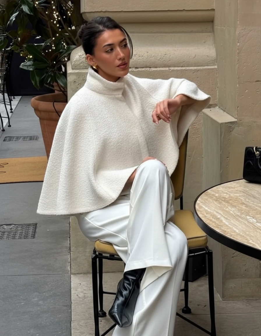 Cape Jacke in Weiß zu weißer Hose getragen, Aufnahme im Freien
