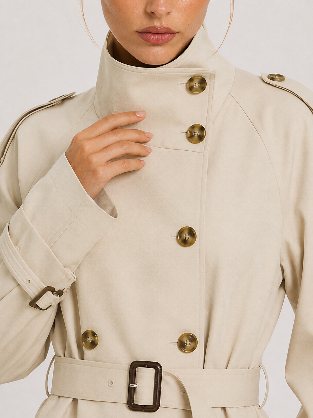Trenchcoat in Apricot von der Seite, knielange Form mit verstellbarem Ärmelriegel