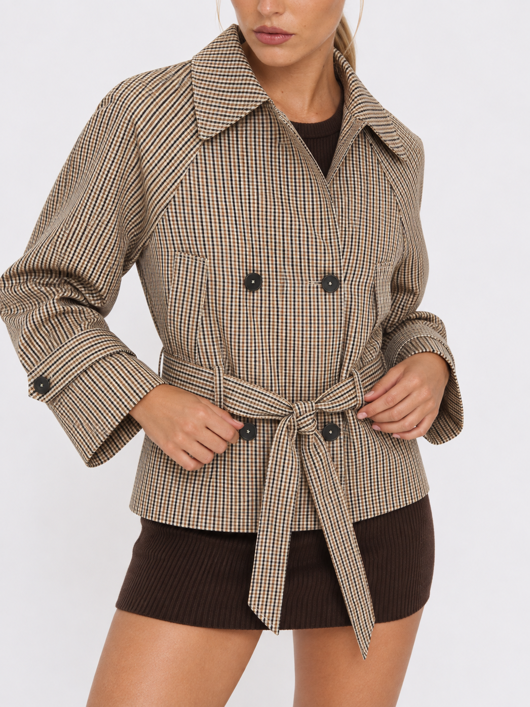 Trenchcoat Damen kurz kariert mit Bindegürtel und Reverskragen BRUYÈRE