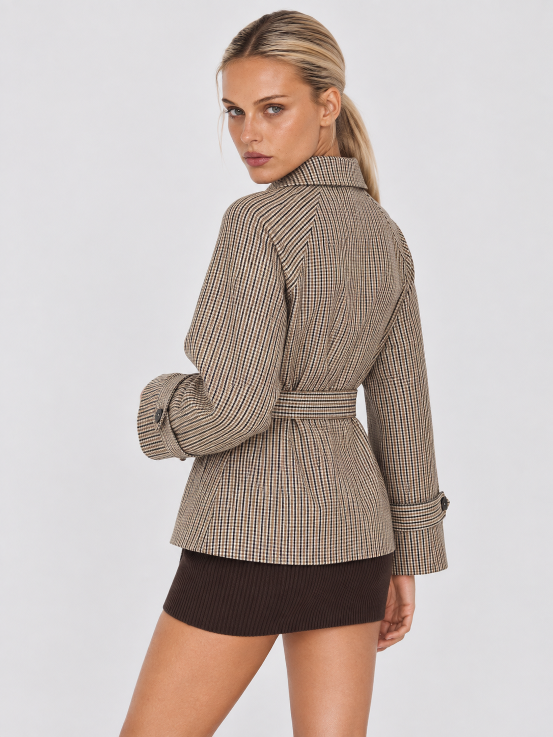 Trenchcoat Damen kurz kariert mit Bindegürtel und Reverskragen BRUYÈRE