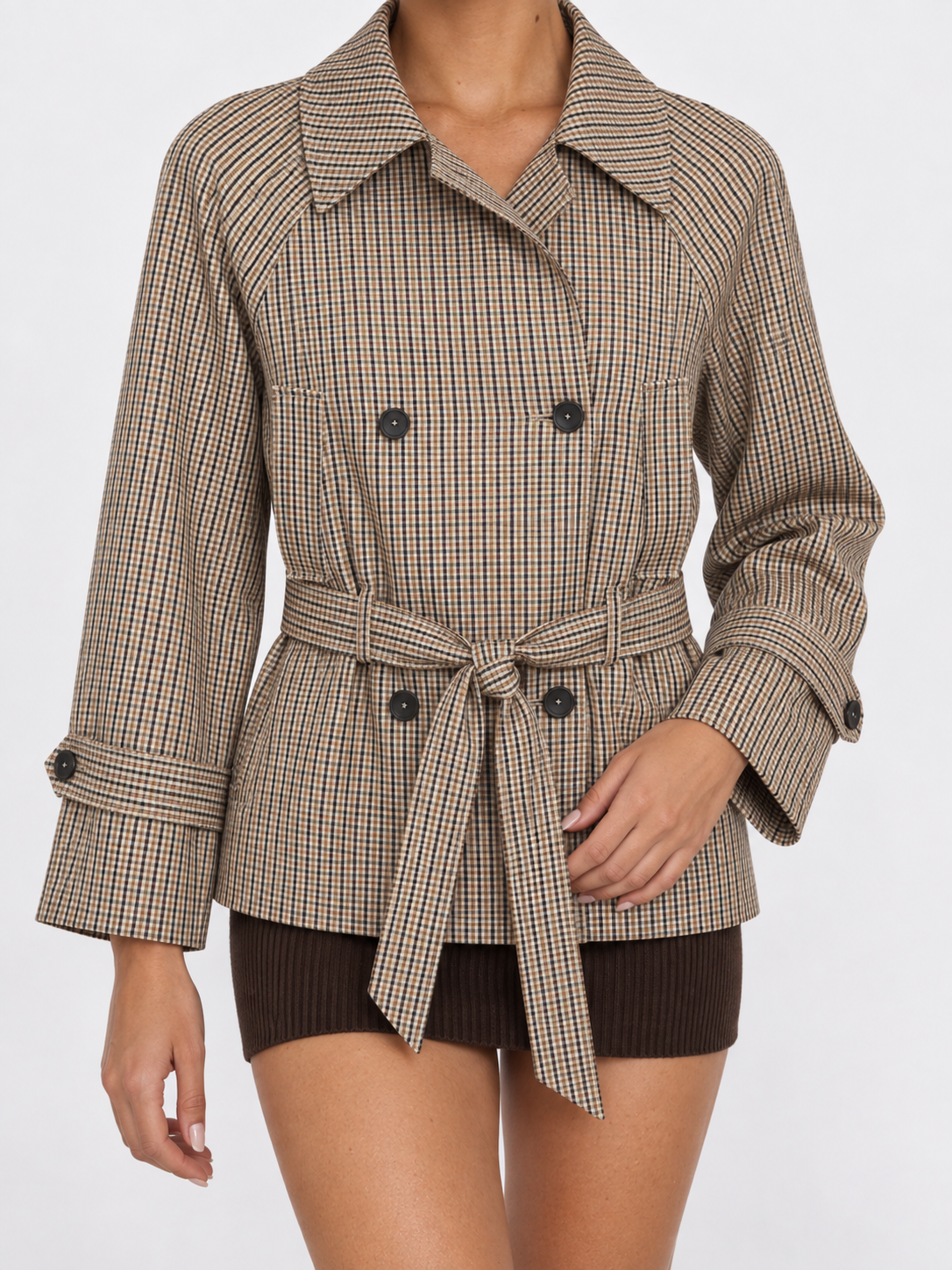 Trenchcoat Damen kurz kariert mit Bindegürtel und Reverskragen BRUYÈRE