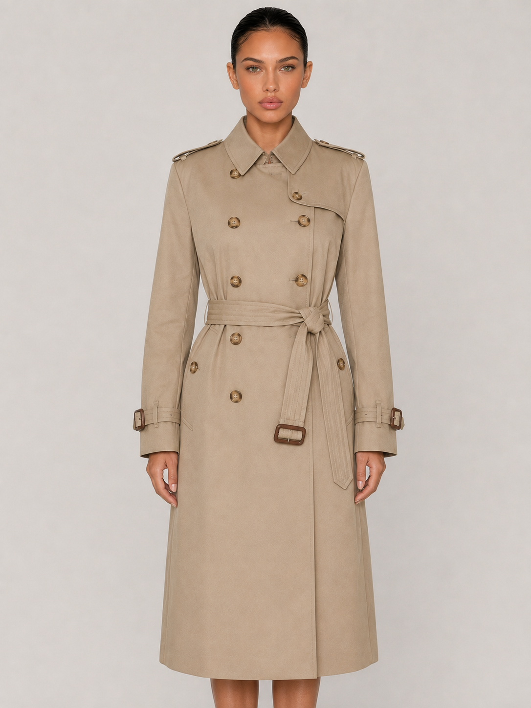 Zweireihiger Trenchcoat in Khaki am Körper getragen, Gürtel in der Taille geschlossen
