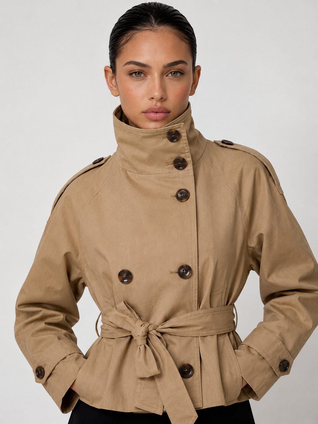 Kurzer Trenchcoat für Damen in Khaki mit Stehkragen, zweireihiger Knopfleiste und gebundenem Gürtel