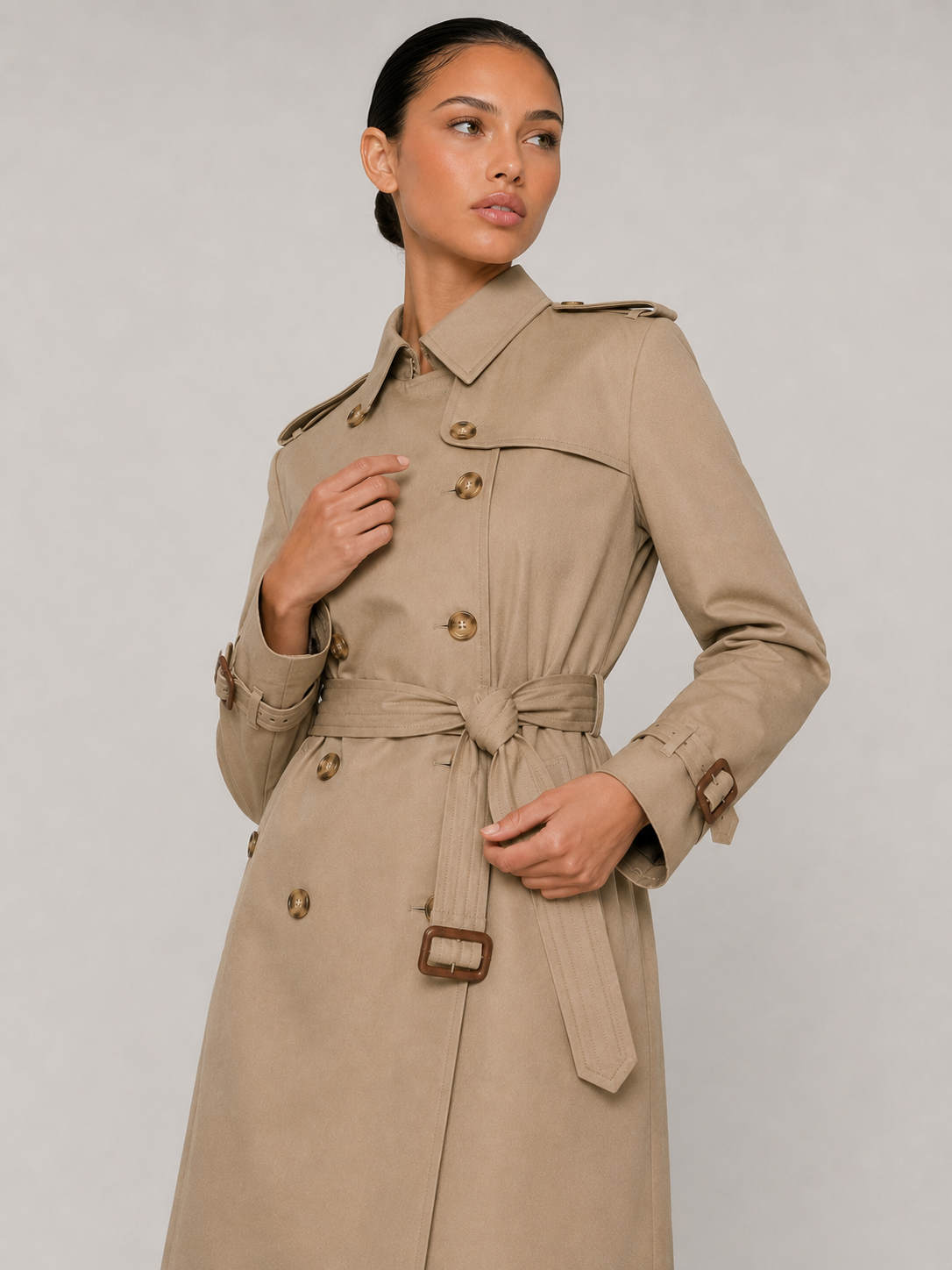 Zweireihiger Trenchcoat für Damen in Khaki mit verstellbarem Gürtel und Eingrifftaschen