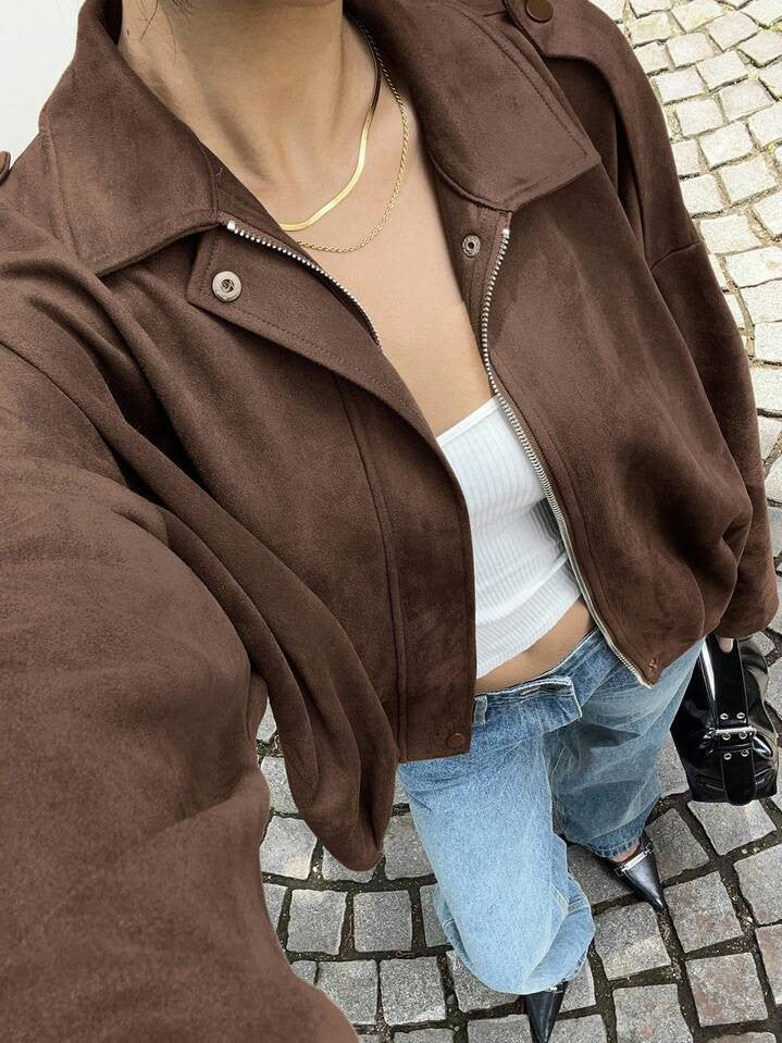Bomberjacke Damen in Wildlederoptik mit Stehkragen LARA in Braun – Streetstyle