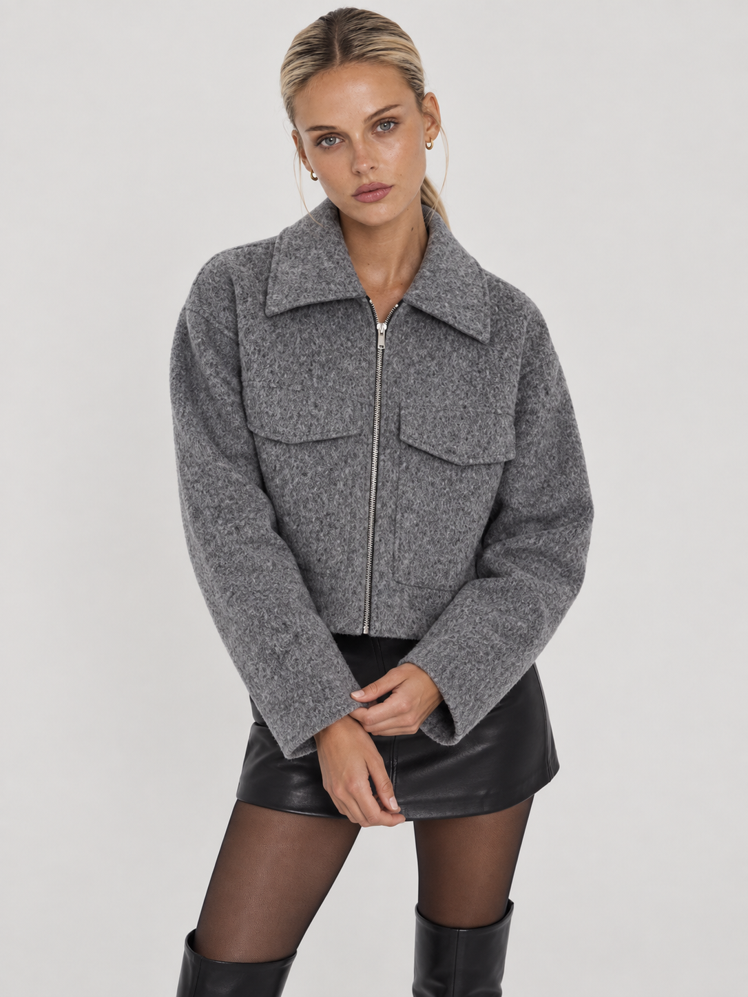 Kurzjacke Damen mit Reißverschluss und Pattentaschen in Grau SOPHIE