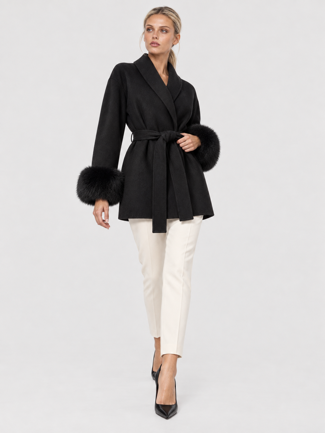 Mantel Damen mit Bindegürtel und Kunstfell-Manschetten CELINE