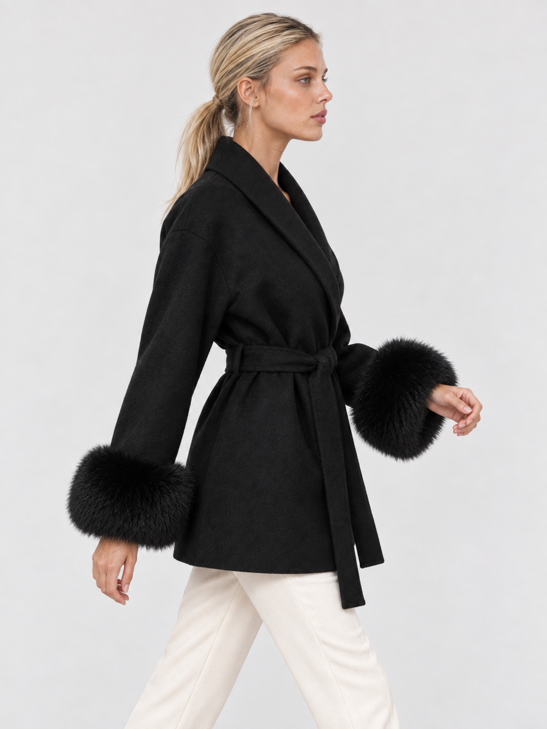 Mantel Damen mit Bindegürtel und Kunstfell-Manschetten CELINE