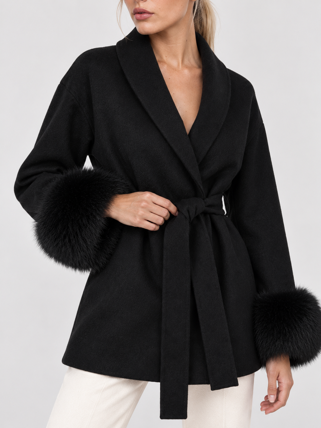 Mantel Damen mit Bindegürtel und Kunstfell-Manschetten CELINE