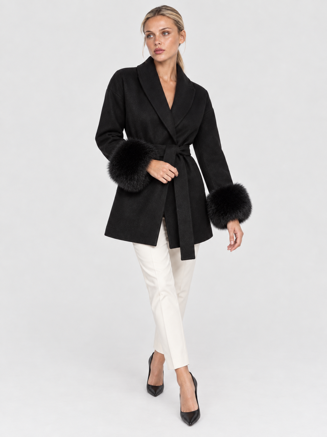 Mantel Damen mit Bindegürtel und Kunstfell-Manschetten CELINE