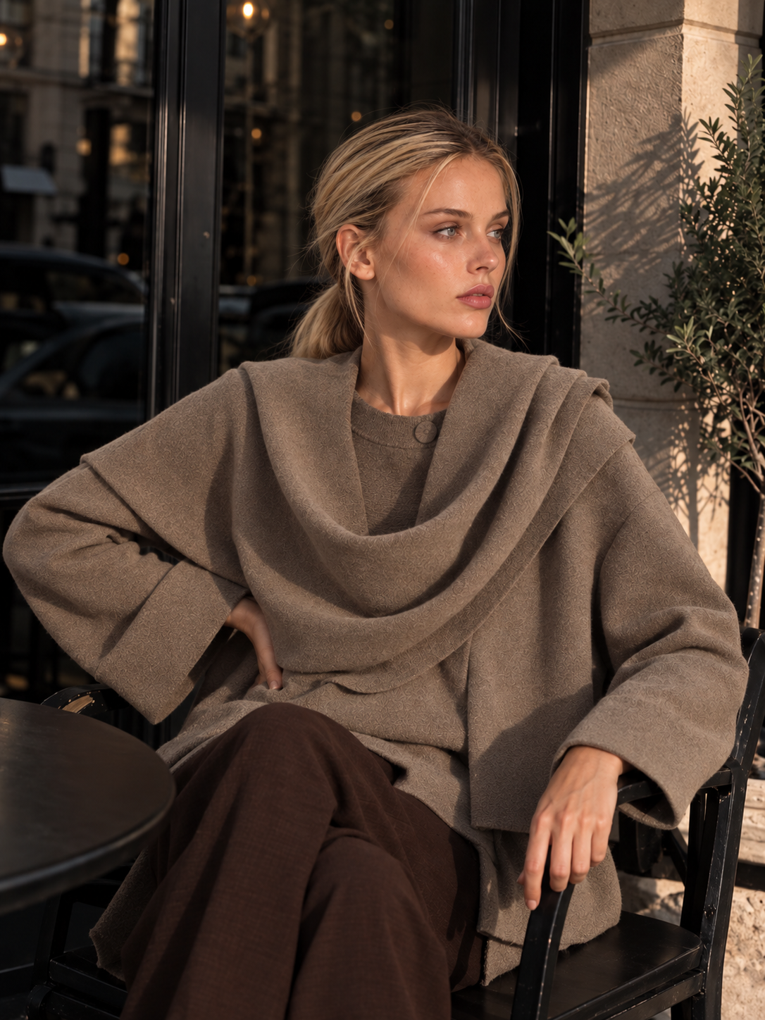 Cape Mantel Damen oversized mit Wasserfallkragen IRIS in Taupe – Streetstyle