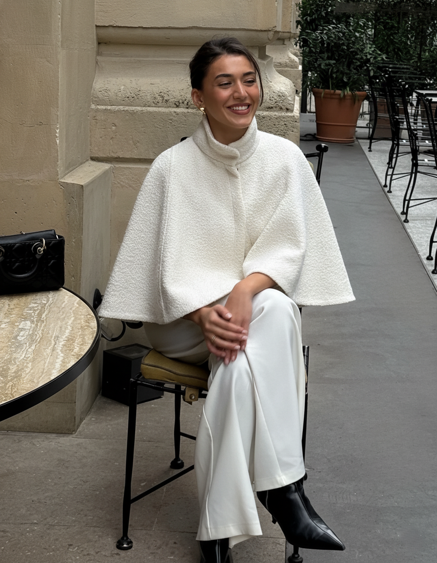 Weiße Cape Jacke im Streetstyle getragen, zu heller Hose und Tasche