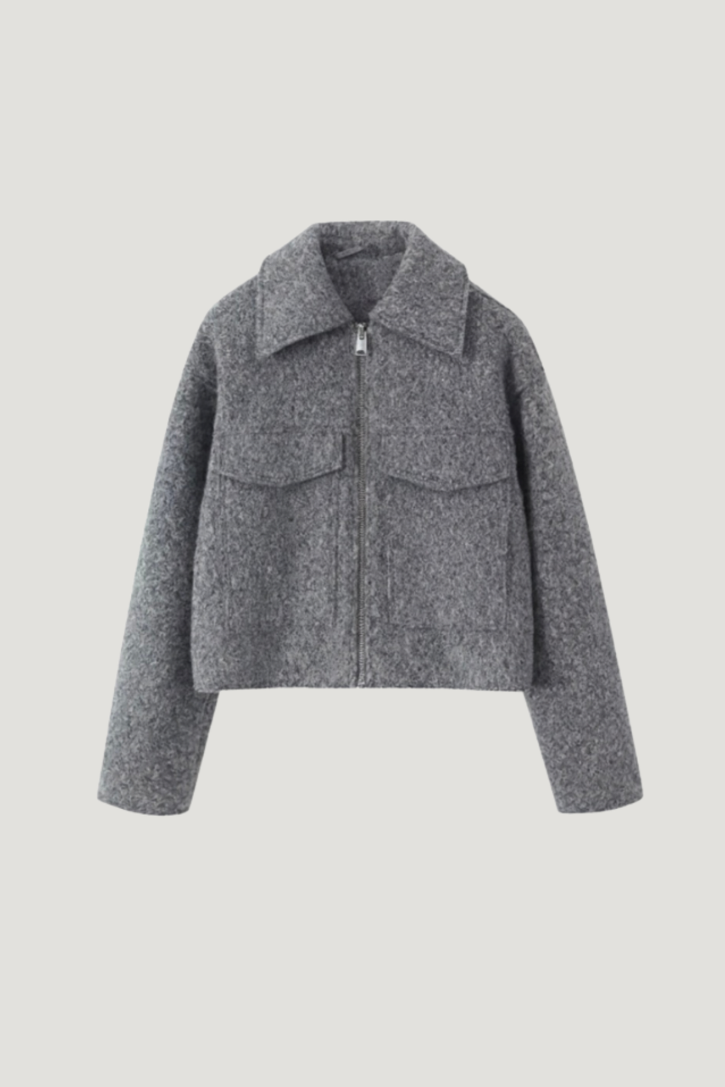 Kurzjacke für Damen in Grau mit durchgehendem Reißverschluss und Pattentaschen