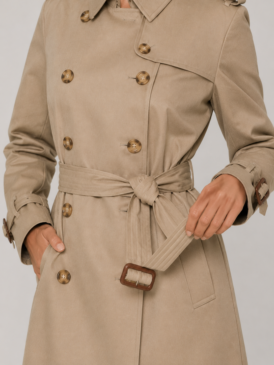 Rückansicht des zweireihigen Damen-Trenchcoats in Khaki mit durchgehender Länge